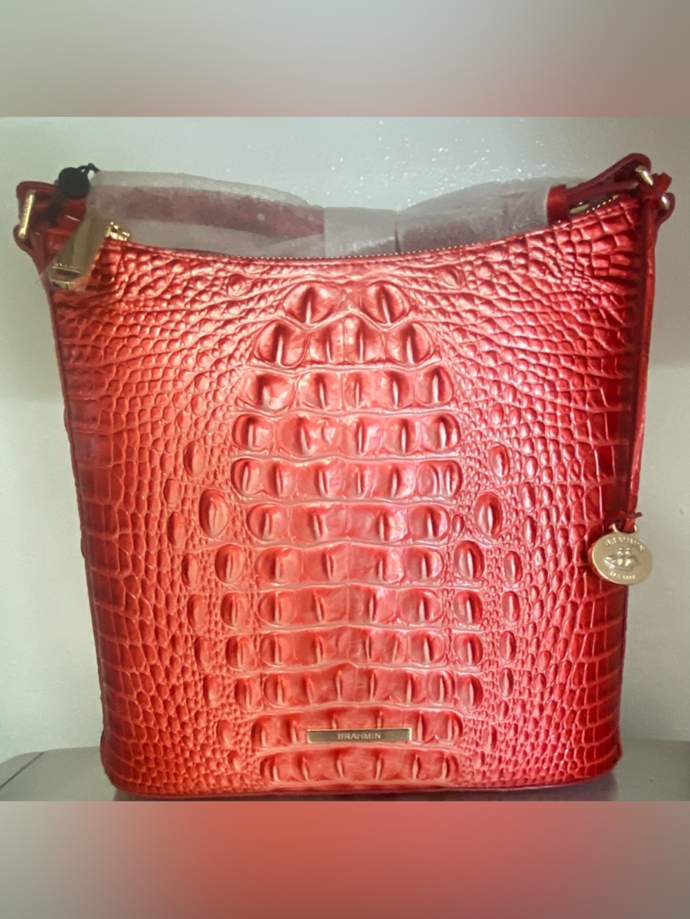 NEW-BRAHMIN METALLIC OMBRÉ MELBOURNE CROC EMBOSSED LEATHER CROSSBODY HANDBAG